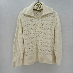 Charter Club Woman 2X Cream Cotton Open Knit Half Zip Pullover Sweater Collared